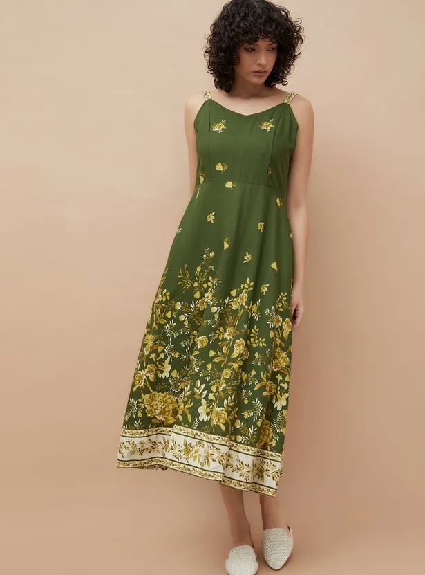 COLOUR ME Floral Print A-line Midi Dress